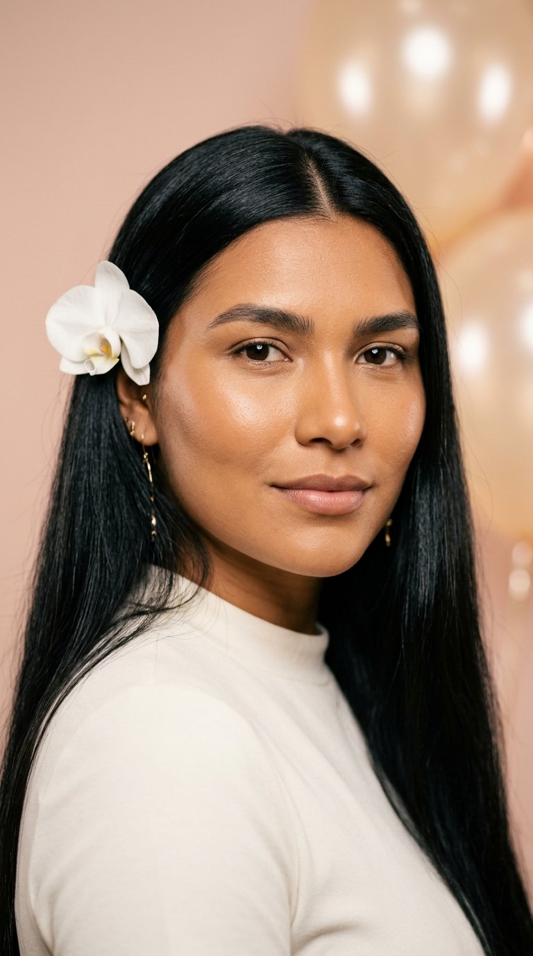 Ensaio de aniversário: Retrato com orquídea branca no cabelo
