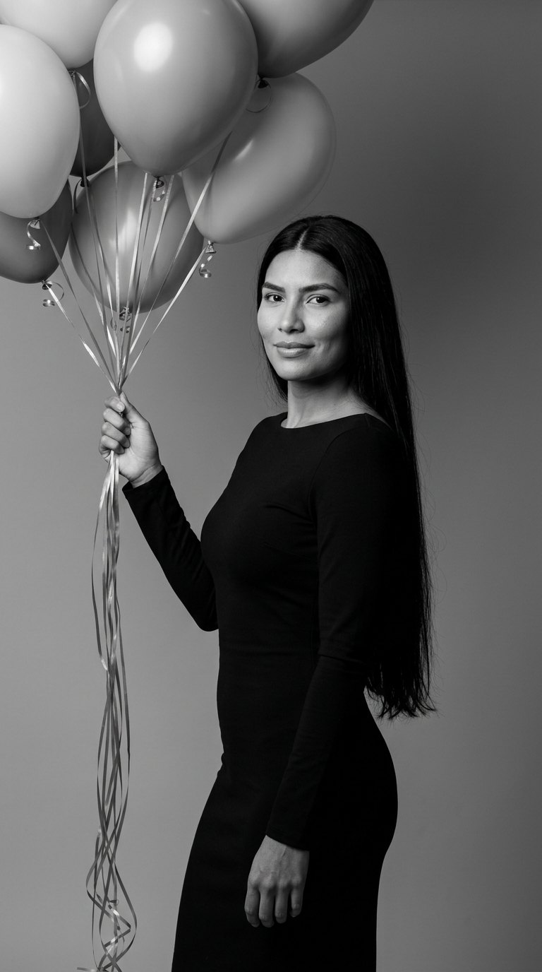Ensaio de aniversário: Retrato em preto e branco segurando balões