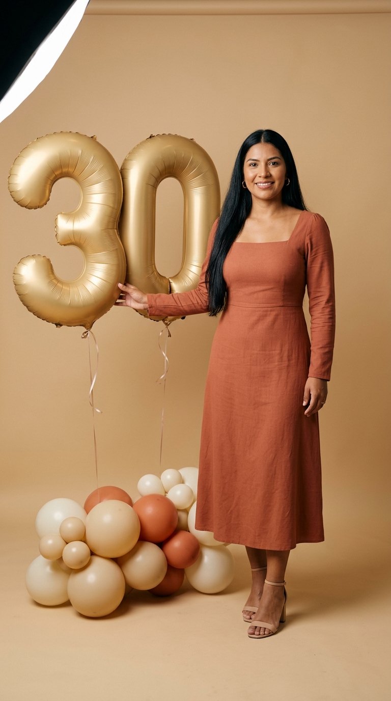 Ensaio de aniversário: Ao lado de balões metalizados de 30 anos