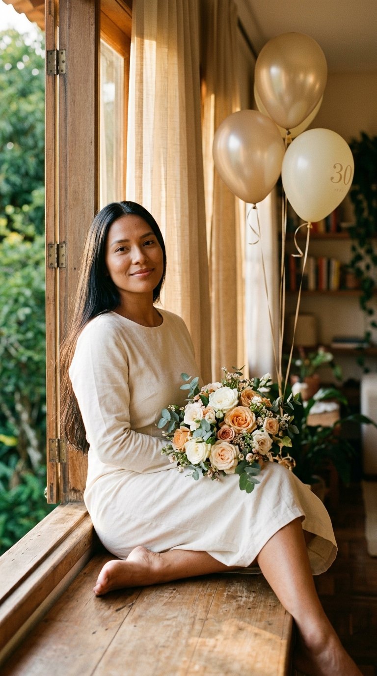 Ensaio de aniversário: Sentada na janela com buquê de rosas