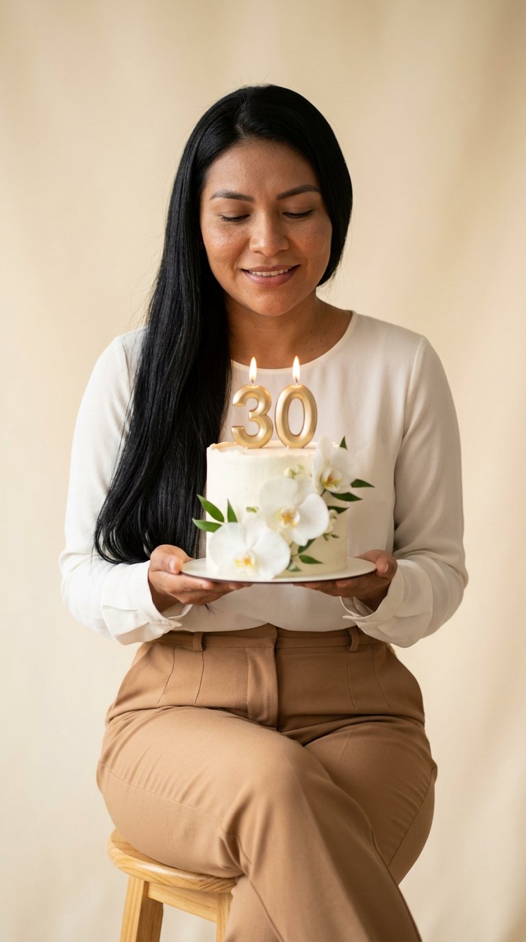 Ensaio de aniversário: Segurando bolo com velas de 30 e orquídeas