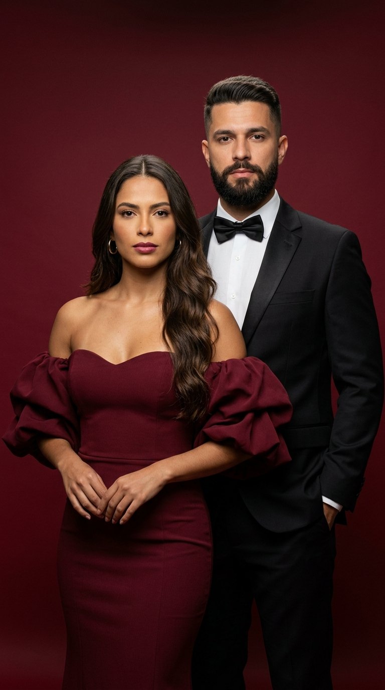 Ensaio de casal: Traje de gala com vestido vinho e smoking