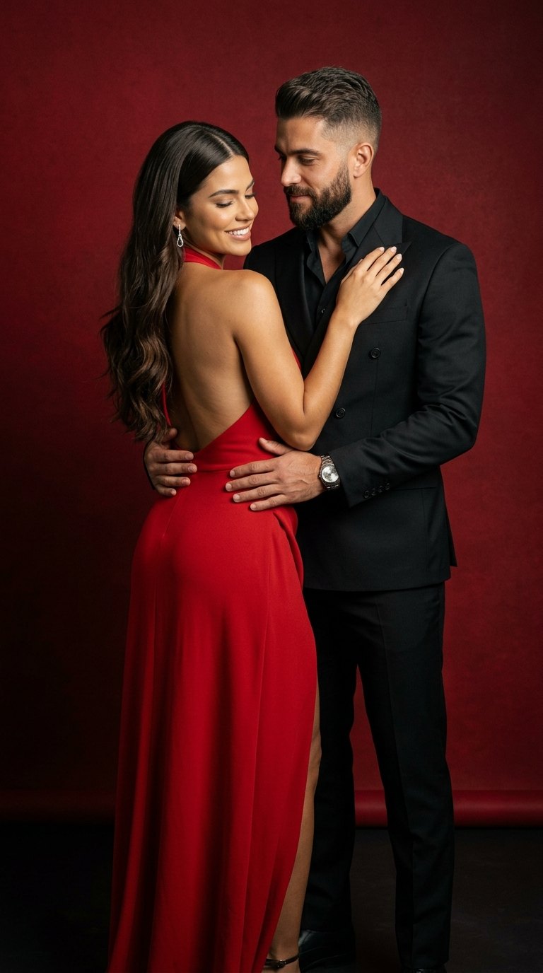 Ensaio de casal: Abraço com vestido vermelho de costas nuas