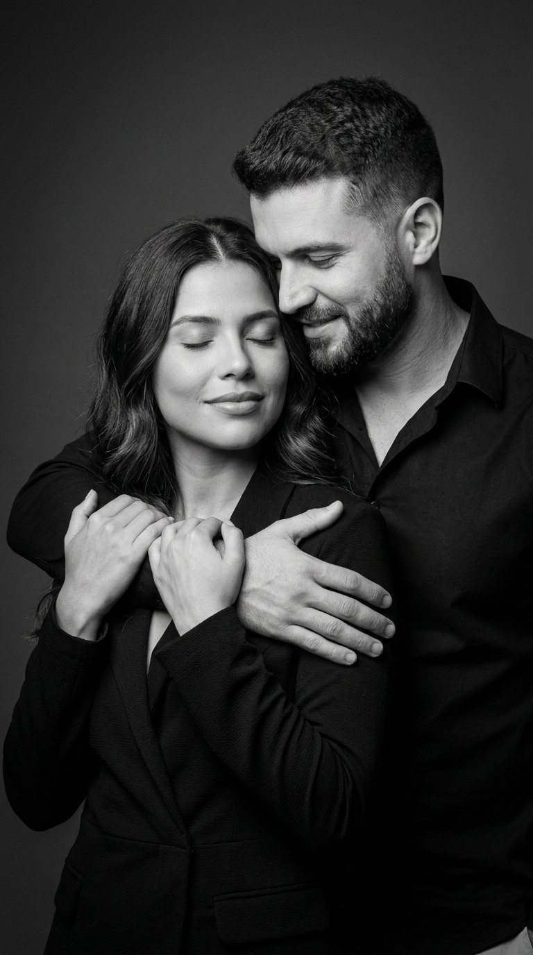 Ensaio de casal: Abraço por trás em preto e branco