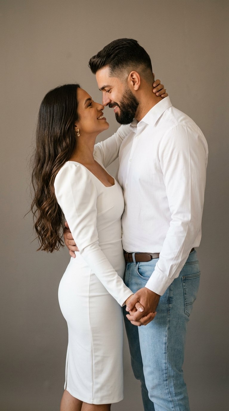 Ensaio de casal: Nariz com nariz, vestido branco e jeans