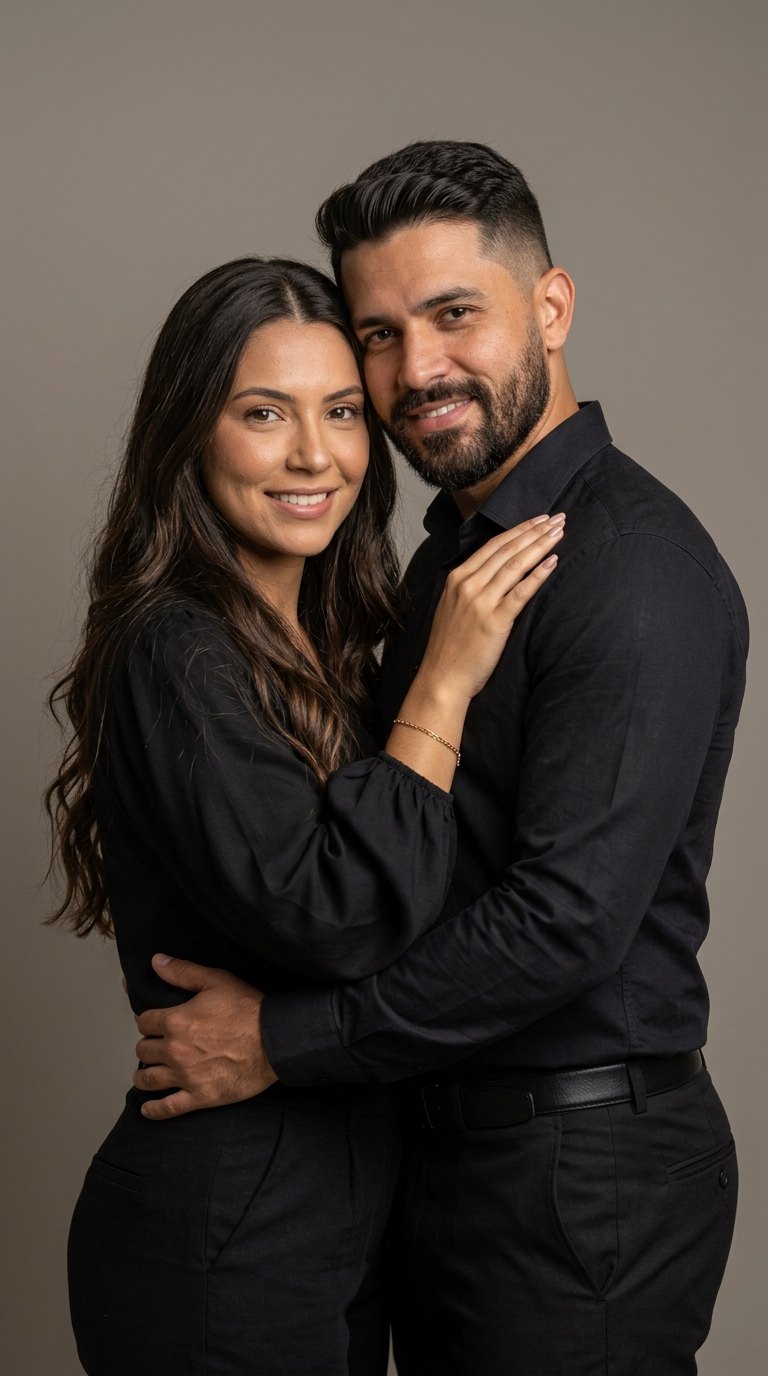 Ensaio de casal: Abraço de frente com roupas pretas