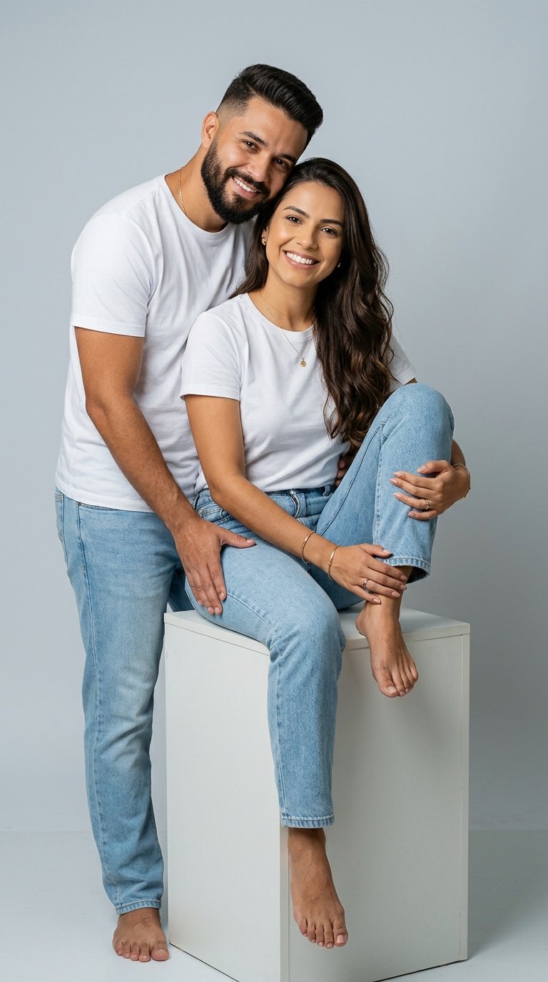 Ensaio de casal: Camiseta branca e jeans sentados no cubo