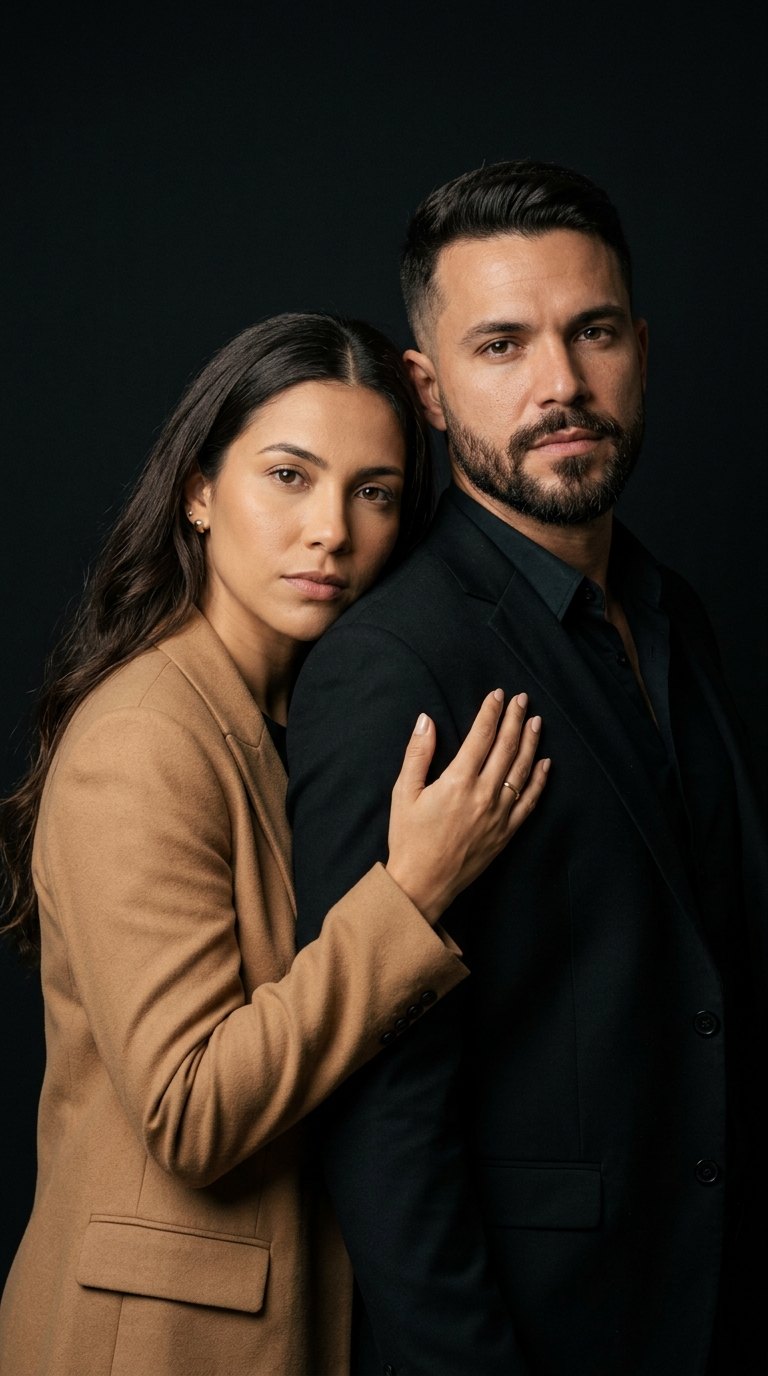 Ensaio de casal: Retrato sério com blazer caramelo em fundo escuro
