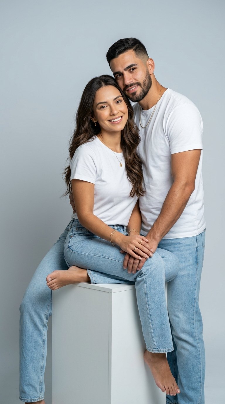 Ensaio de casal: Camiseta branca e jeans, de mãos dadas