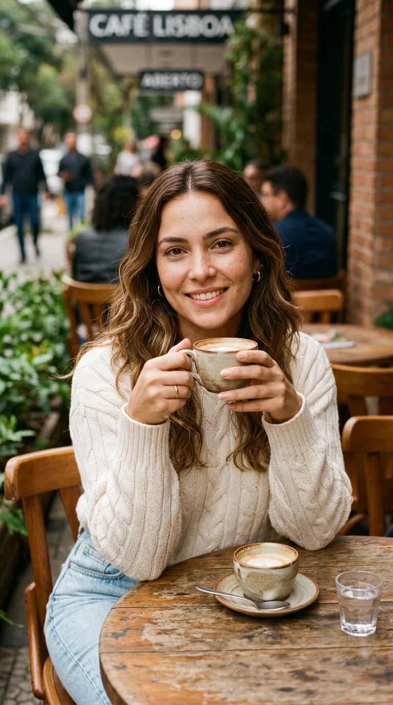Ensaio casual: Tomando café em mesa de calçada
