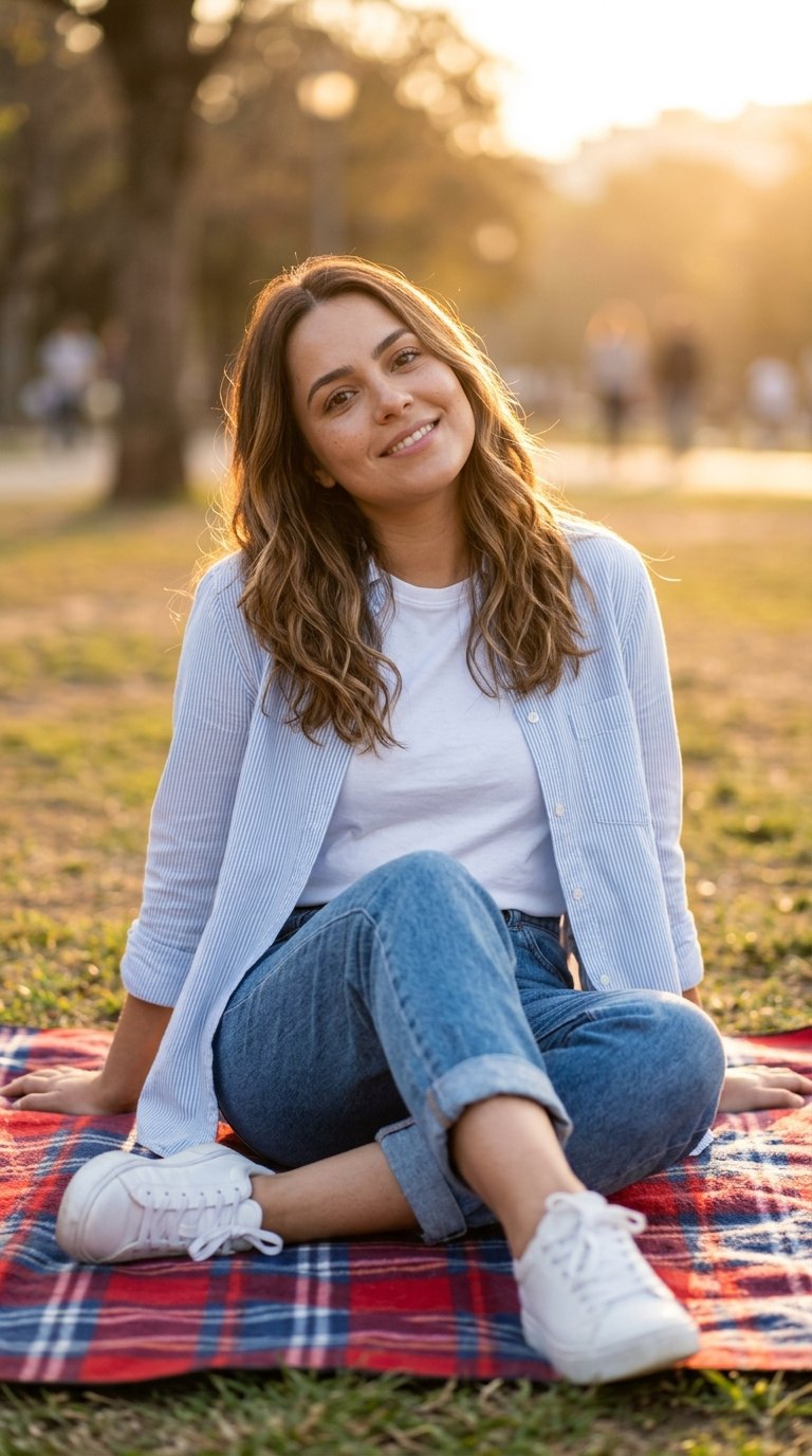 Ensaio casual: Sentada em manta xadrez no parque ao pôr do sol