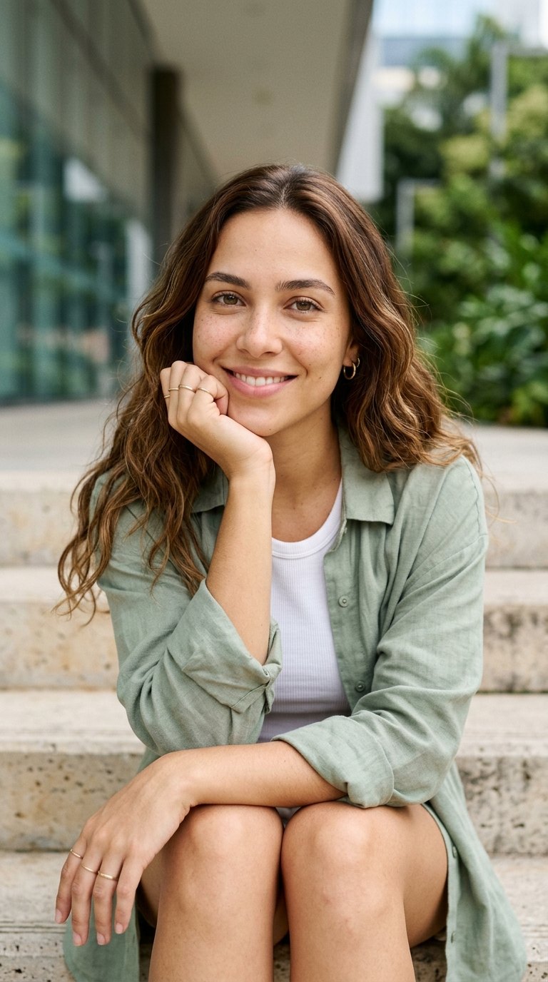 Ensaio casual: Sentada na escada com camisa verde
