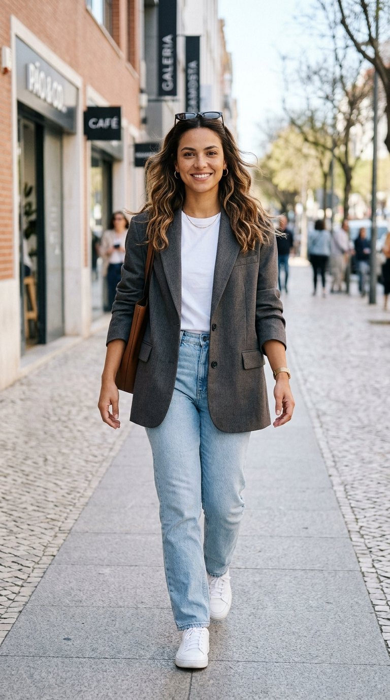 Ensaio casual: Caminhando na rua com blazer e jeans