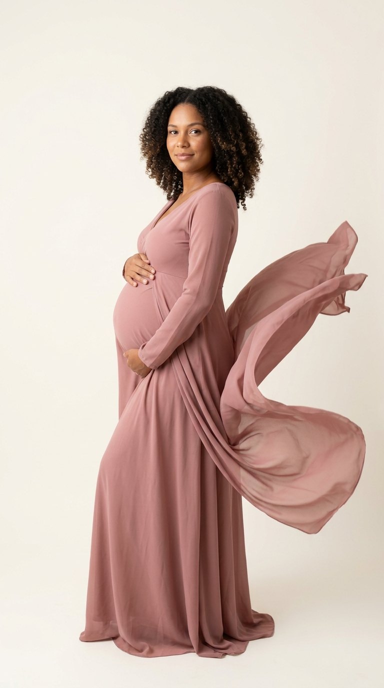 Ensaio gestante: Vestido rosé esvoaçante de perfil