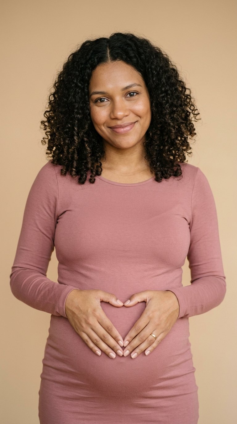 Ensaio gestante: Coração com as mãos sobre a barriga, vestido rosé
