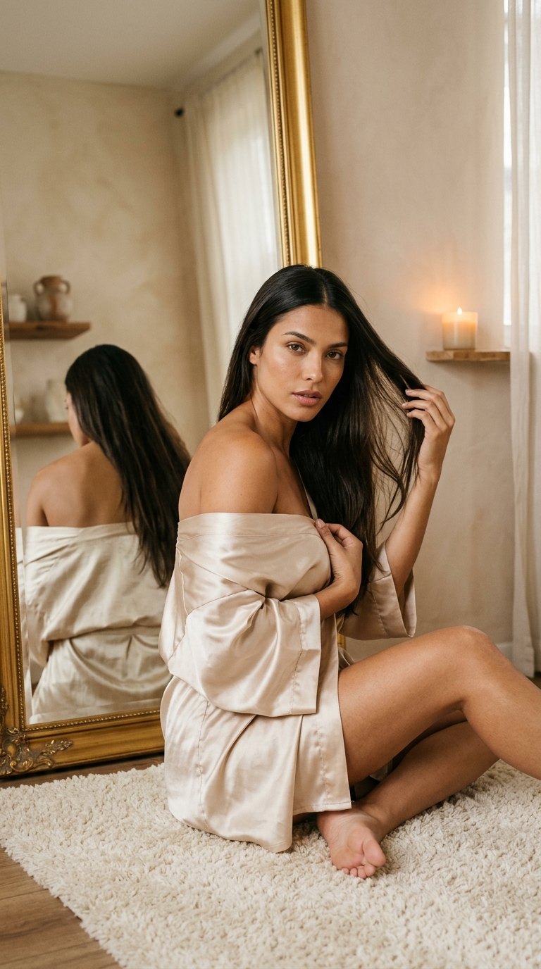 Ensaio sensual: Robe de cetim diante de espelho dourado