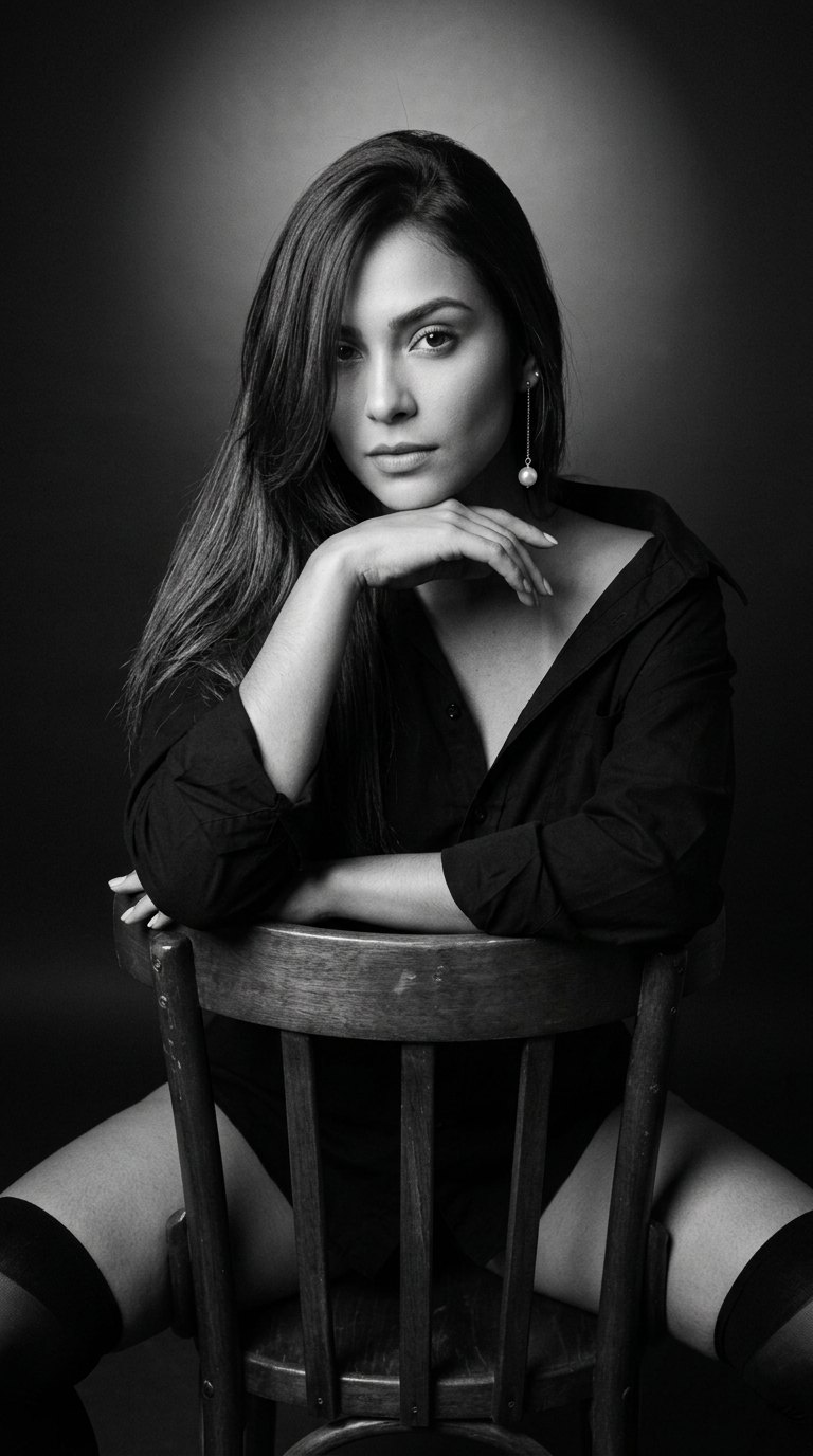 Ensaio sensual: Retrato em preto e branco sentada ao contrário na cadeira