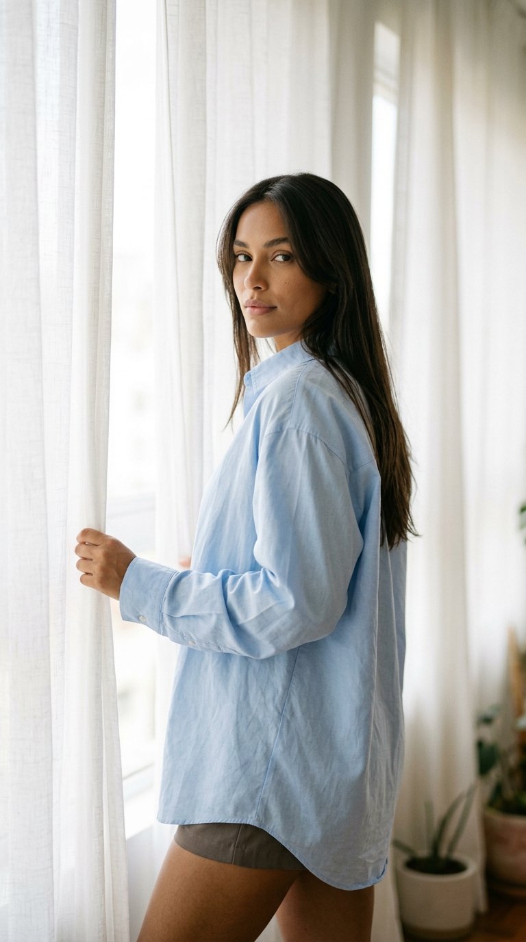 Ensaio sensual: Camisa azul junto à cortina