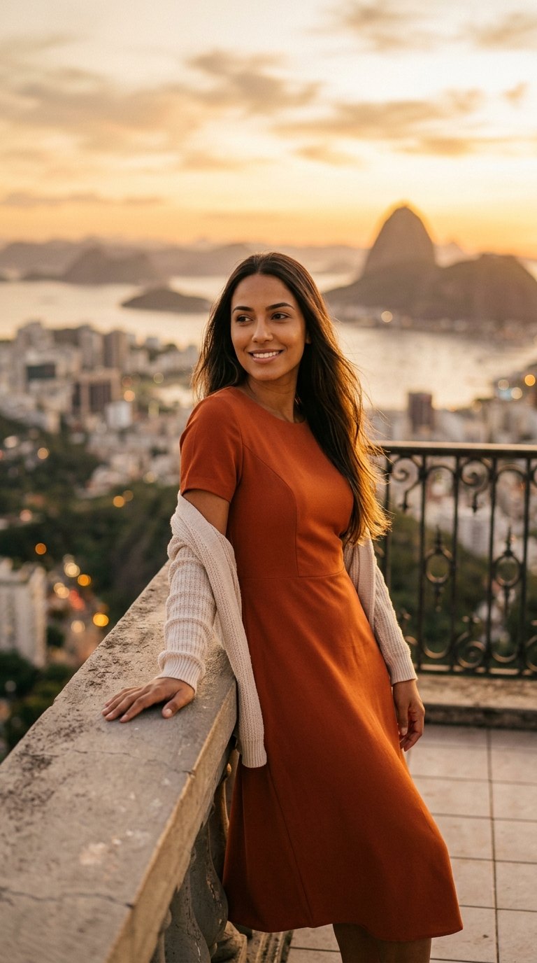 Ensaio sensual: Vestido terracota ao pôr do sol no Rio